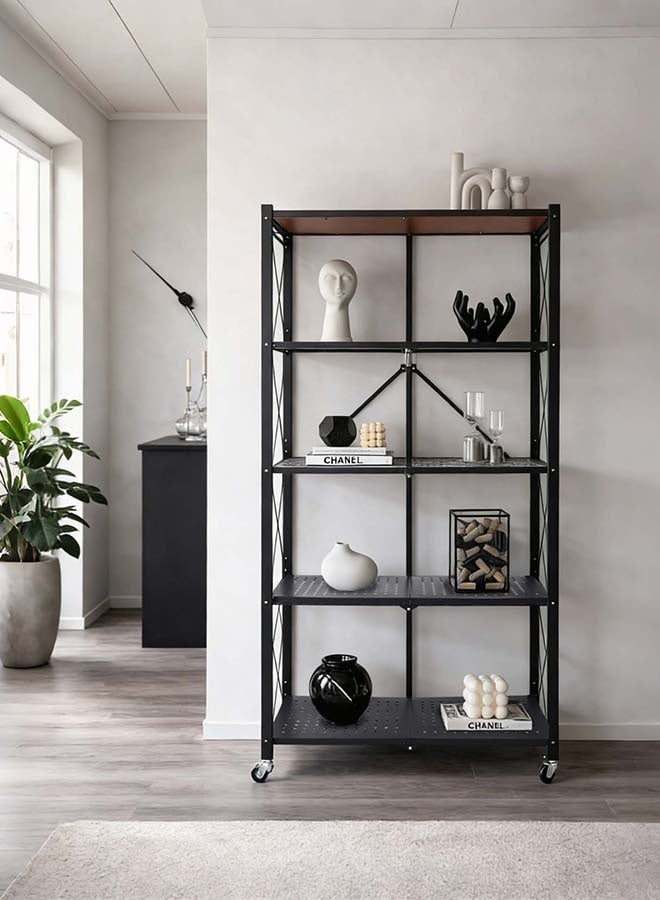 Noon East Kitchen Storage Rack and Heavy Duty Metal Shelving Unit on Rolling Cart for Kitchen, Garage, Basement, 5-Tier Thick Foldable Storage Shelves with Wheels, Large Capacity, Black- 71x34.5x151.2cm - Image 1